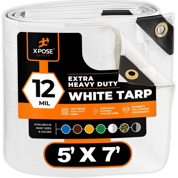Xpose Safety 5 ft x 7 ft Heavy Duty 12 Mil Tarp, White, Polyethylene WHD-57-X